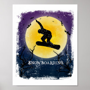 Snowboarding Full Moon Silhouette Retro Halloween Poster