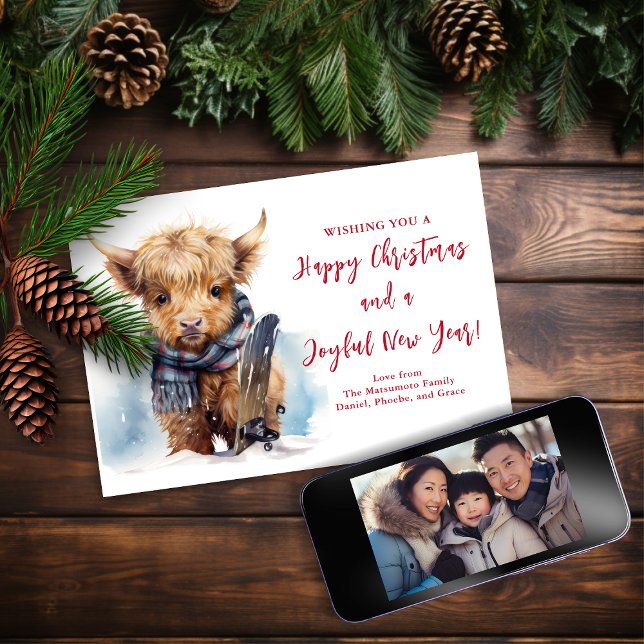 Snowboarding Highland Cow Christmas Photo Card (Creator Uploaded)