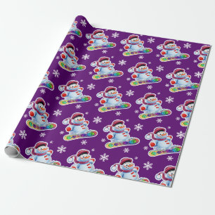 Snowboarding snowman matte purple wrapping paper