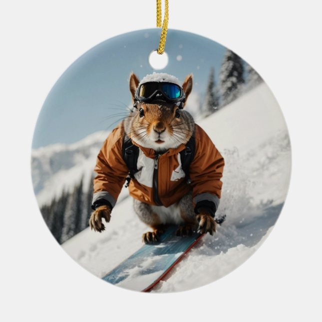 Snowboarding Squirrel Wintertime Whimsical Animal Ceramic Ornament (Front)