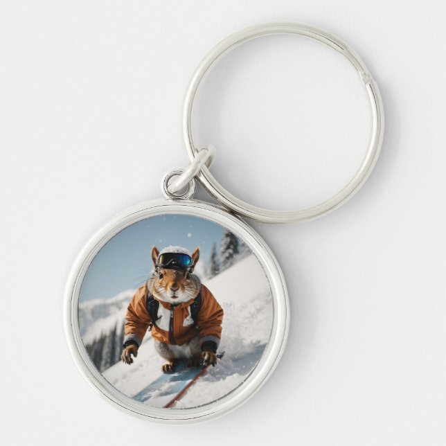 Snowboarding Squirrel Wintertime Whimsical Animal Keychain (Front)