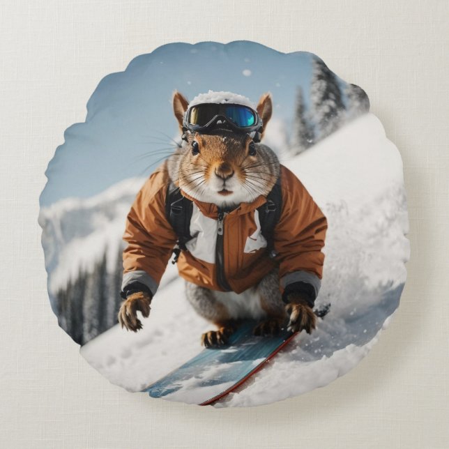 Snowboarding Squirrel Wintertime Whimsical Animal Round Pillow (Front)