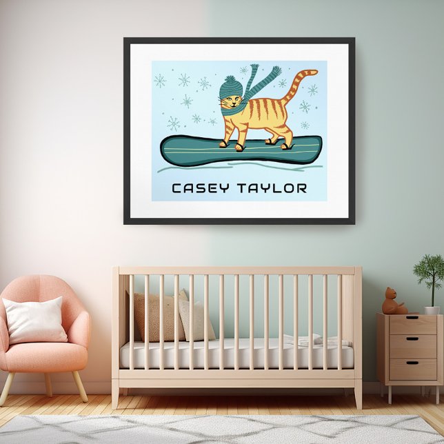 SNOWBOARDING Tabby Cat Funny CUSTOM NAME Nursery  Poster (SNOWBOARDING Tabby Cat Funny CUSTOM NAME Nursery Poster - personalize w your own text or baby name)