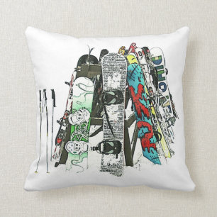 Snowboards in the snow throw pillow