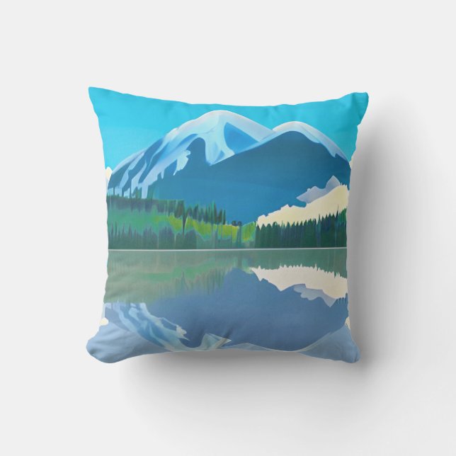Snowcapped Mountains Reflected in a Lake Outdoor Pillow (Front)