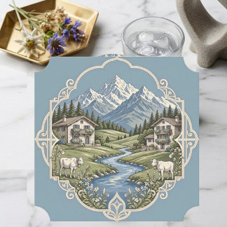 Snowclad Alpine Country Grazing Cows Rustic Chalet Paper Coaster