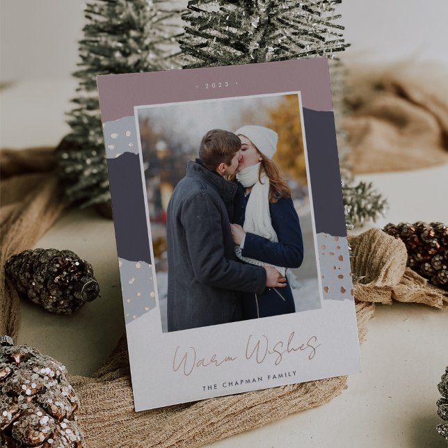 Snowdrift | Colorblock Vertical Photo Warm Wishes Foil Holiday Card (Creator Uploaded)