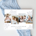 Snowdrop 4 Photo Collage Hanukkah Holiday Card<br><div class="desc">Unique modern Hanukkah card design features favourite  photos side by side with oversized pastel snowflake silhouettes in the background. Personalize with your family name(s) and the year beneath "Joyous Hanukkah" in classic lettering.</div>