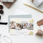 Snowdrop 4 Photo Collage Merry Christmas Foil Holiday Card<br><div class="desc">Unique modern holiday card design features four favourite photos arranged side by side with oversized gold foil snowflake silhouettes in the background. Personalize with your custom holiday greeting and family name(s) beneath in classic lettering; shown with "Merry Christmas."</div>