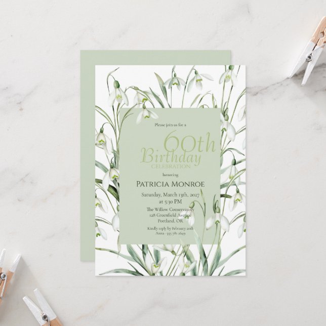 Snowdrop 60th Birthday Watercolor Botanical Green Invitation (Front/Back In Situ)