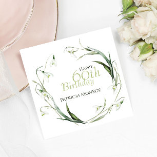 Snowdrop 60th Birthday Watercolor Botanical Green  Napkin