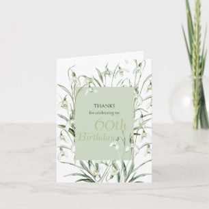 Snowdrop 60th Birthday Watercolor Botanical Green Thank You Card