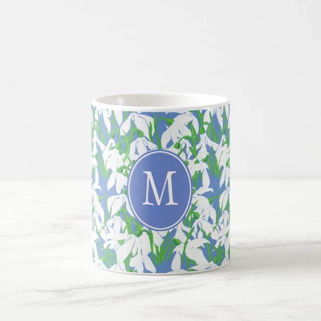 Snowdrop Pattern Monogram on Blue Background Coffee Mug (Center)