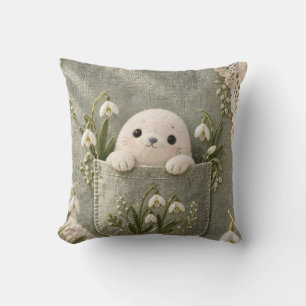 Snowdrop Pocket Seal Sage Botanical Embroidery Sty Throw Pillow