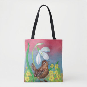 Snowdrop & wren bird & spring tote bag