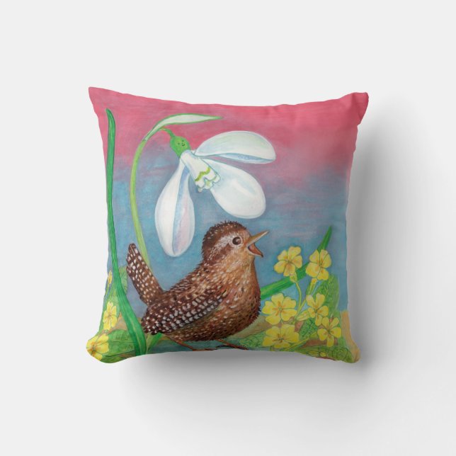 Snowdrop & wren bird summon the spring nursery throw pillow (Front)