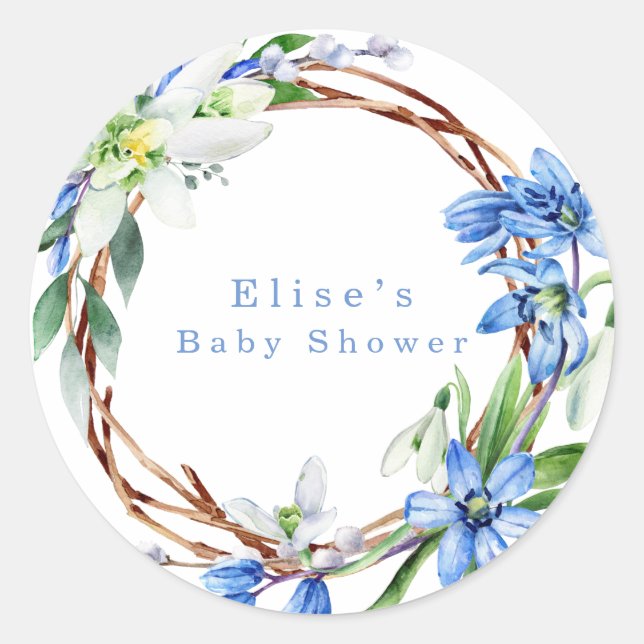 Snowdrops and Scilla Spring Floral Boy Baby Shower Classic Round Sticker (Front)