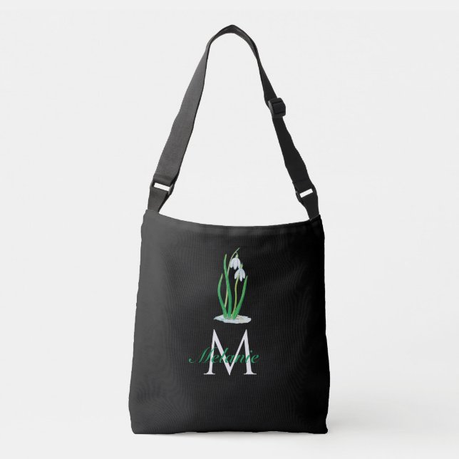 Snowdrops Flowers Spring Custom Monogram Black  Crossbody Bag (Front)