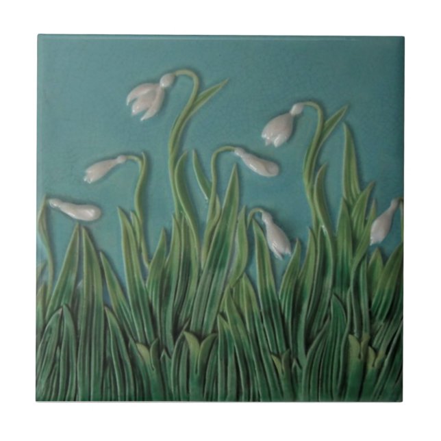 Snowdrops Majolica Faux Relief c1875 Antique Repro Tile (Front)