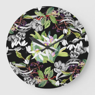 Snowdrops & Orchids: Sketched Black Pattern Large Clock