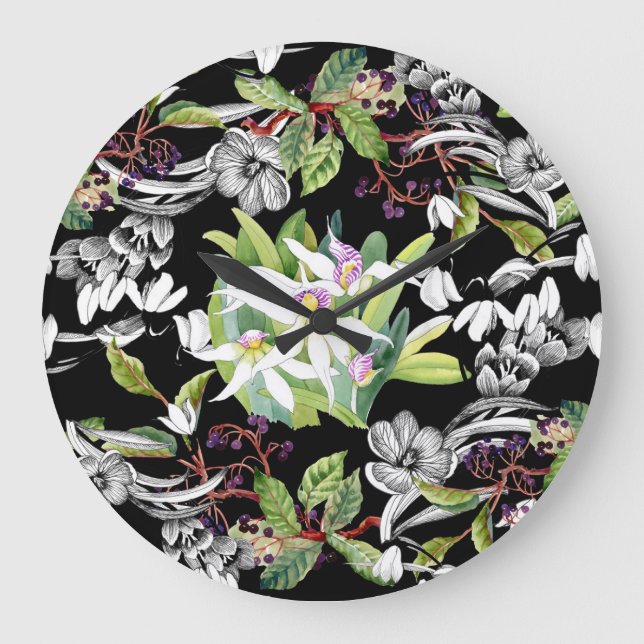 Snowdrops & Orchids: Sketched Black Pattern Large Clock (Front)