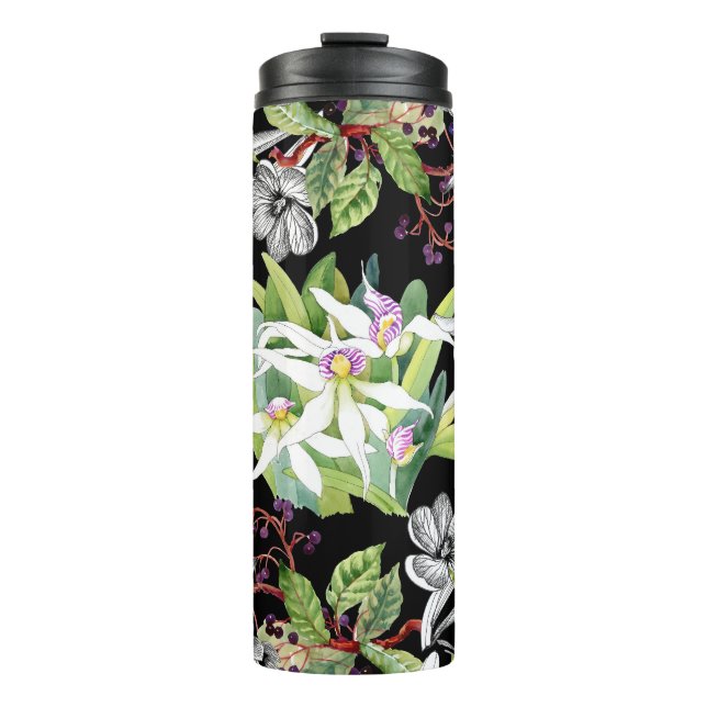 Snowdrops & Orchids: Sketched Black Pattern Thermal Tumbler (Front)