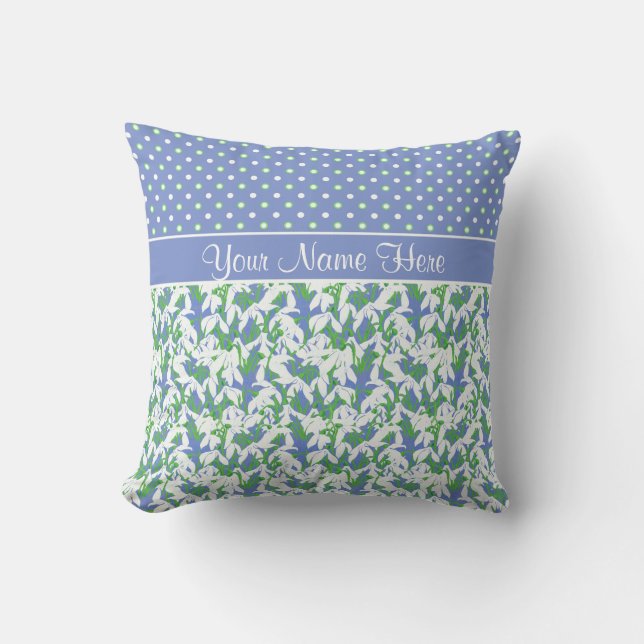 Snowdrops Pattern and Polka Dots on Blue Throw Pillow (Front)