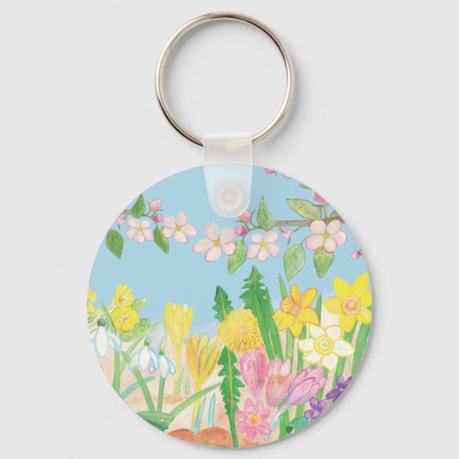 Snowdrops, primroses, apple blossoms, daffodils  keychain (Front)