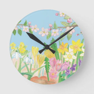 Snowdrops, primroses, apple blossoms, daffodils   round clock