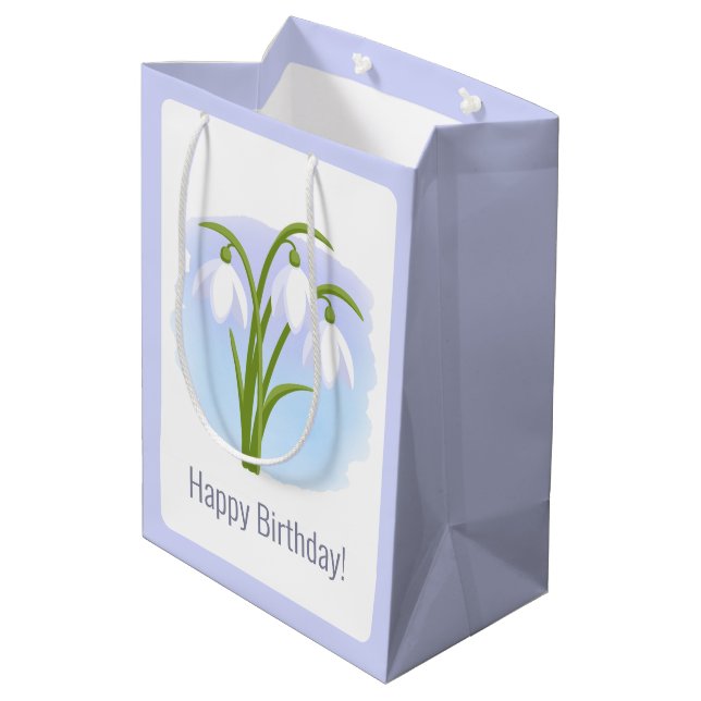 Snowdrops - Spring Flowers on Watercolor Birthday Medium Gift Bag (Back Angled)