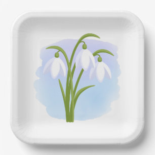 Snowdrops - Spring Flowers on Watercolor Blue Paper Plate