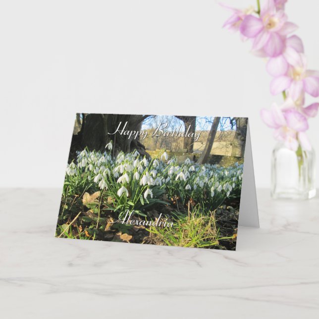 Snowdrops Under a Yew Tree - Personalized Birthday Card (Orchid)