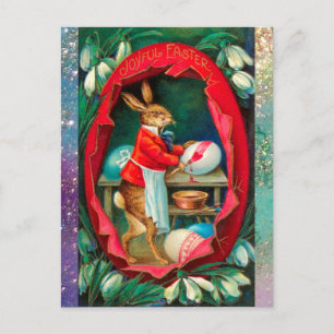 SNOWDROPS WITH RABBIT PAINTING EASTER EGGS HOLIDAY POSTCARD