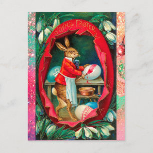 SNOWDROPS WITH RABBIT PAINTING EASTER EGGS HOLIDAY POSTCARD