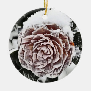 Snowed Frozen Rose Drawing Ceramic Ornament
