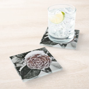 Snowed Frozen Rose Drawing Glass Coaster