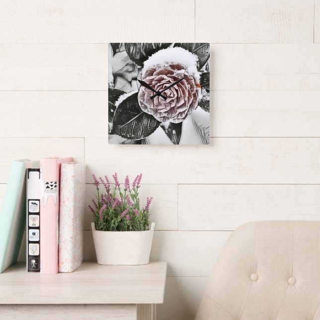 Snowed Frozen Rose Drawing  Square Wall Clock (Reading Room)