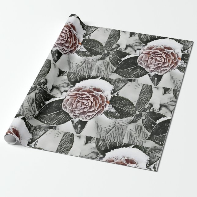 Snowed Frozen Rose Drawing Wrapping Paper (Unrolled)