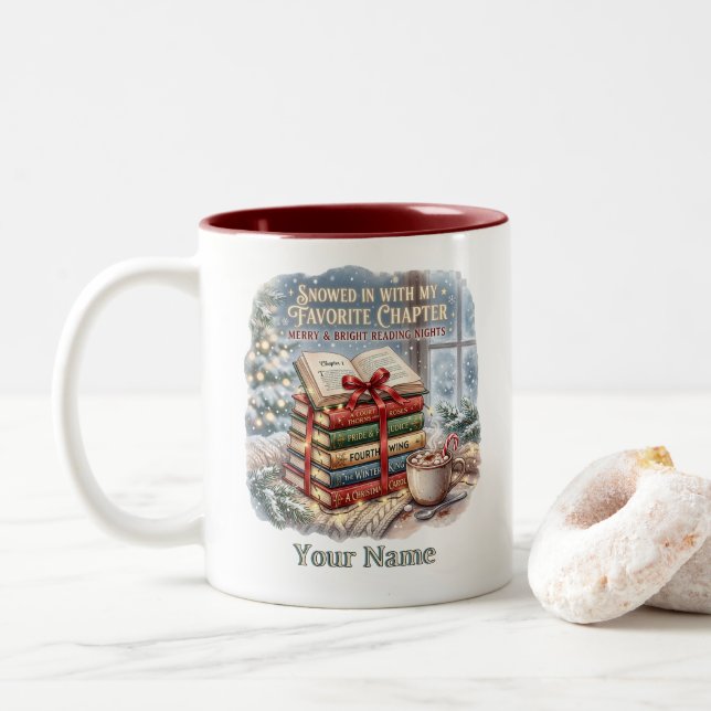 Snowed In Favourite Chapter Book Stack Two-Tone Coffee Mug (With Donut)