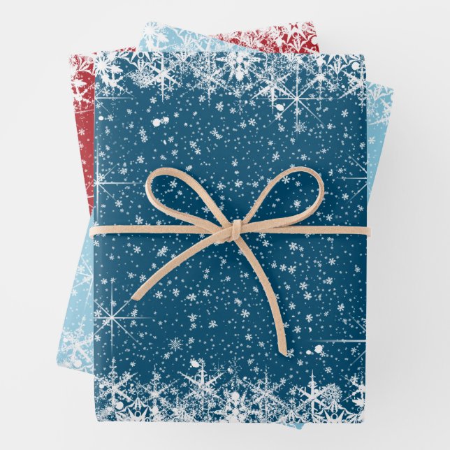 Snowfall and Snow Borders Christmas Blue/Red ID728 Wrapping Paper Sheet (In situ)