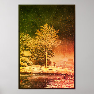 Snowfall in Feudal Japan at Sumida River Ukiyo Poster