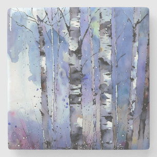 Snowfall in the Enchanted Birch Stone Coaster