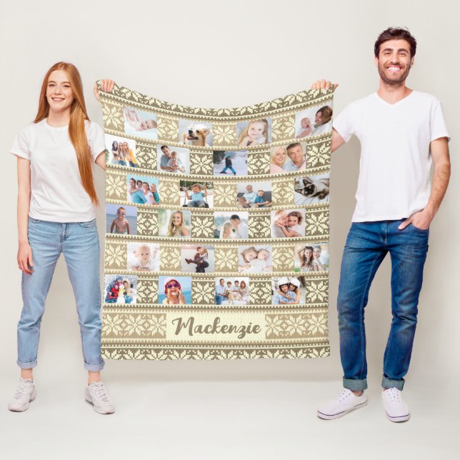 Snowflake 24 Photo Brown Faux Sweater Personalized Fleece Blanket (In Situ)