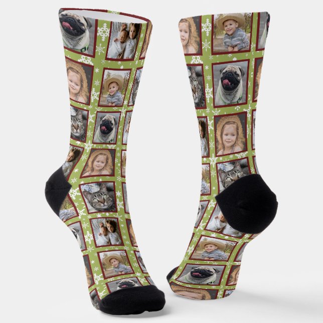 Snowflake 5 Custom Family Photo Collage Green Easy Socks (Angled)