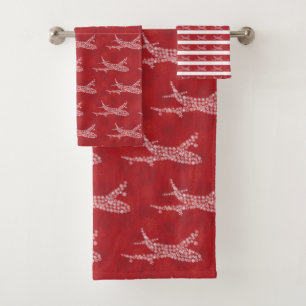 Snowflake Airplane on red. Bath Towel Set