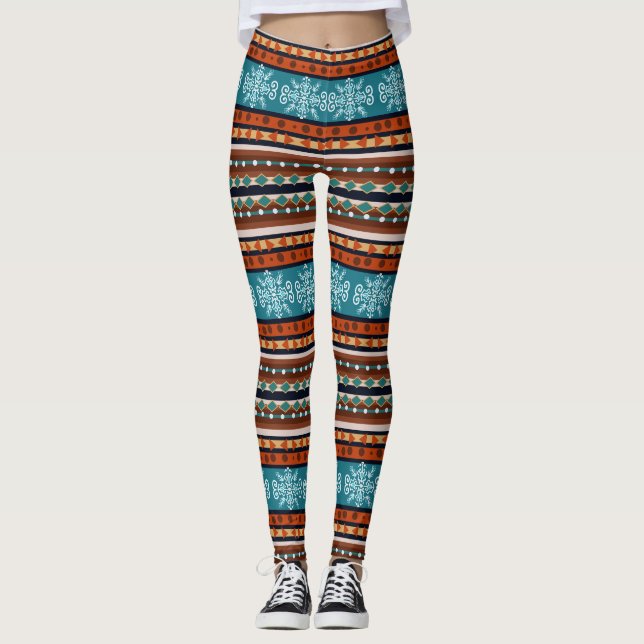 Snowflake and Geometric pattern Cozy  Leggings (Front)