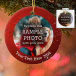 Snowflake and White Stars on Red, Two-Sided Photo Ceramic Ornament<br><div class="desc">Design your own keepsake or gift ornament with two photos on this double-sided ceramic ornament featuring a red background with a snowflake and white stars and a place to add your personalized text on the front. Change, add or delete the text as desired. The text font style, size and colour...</div>