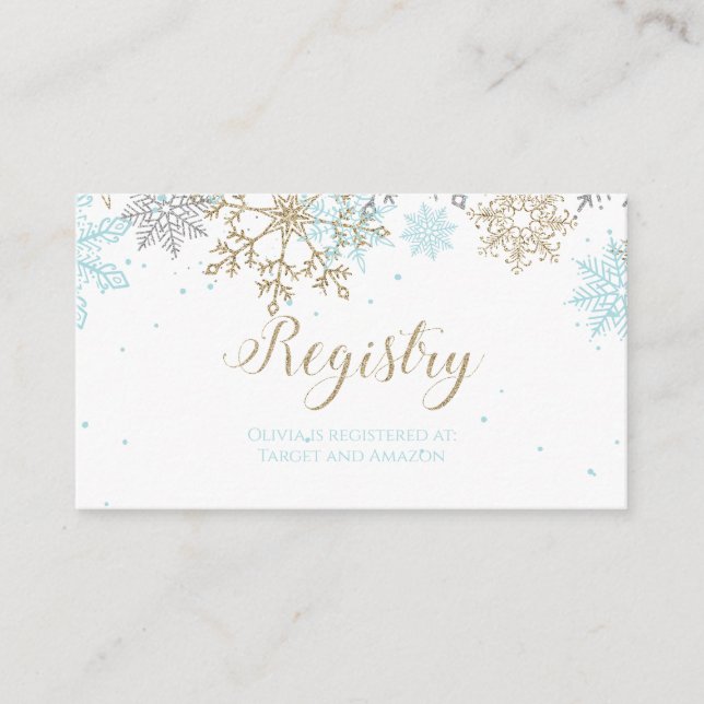 Snowflake Baby Registry Blue Gold Enclosure Card (Front)