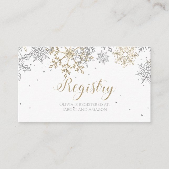 Snowflake Baby Registry Silver Gold Enclosure Card (Front)