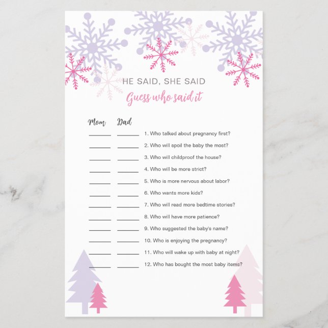 Snowflake Baby Shower Guess who Said it Game Flyer (Front)